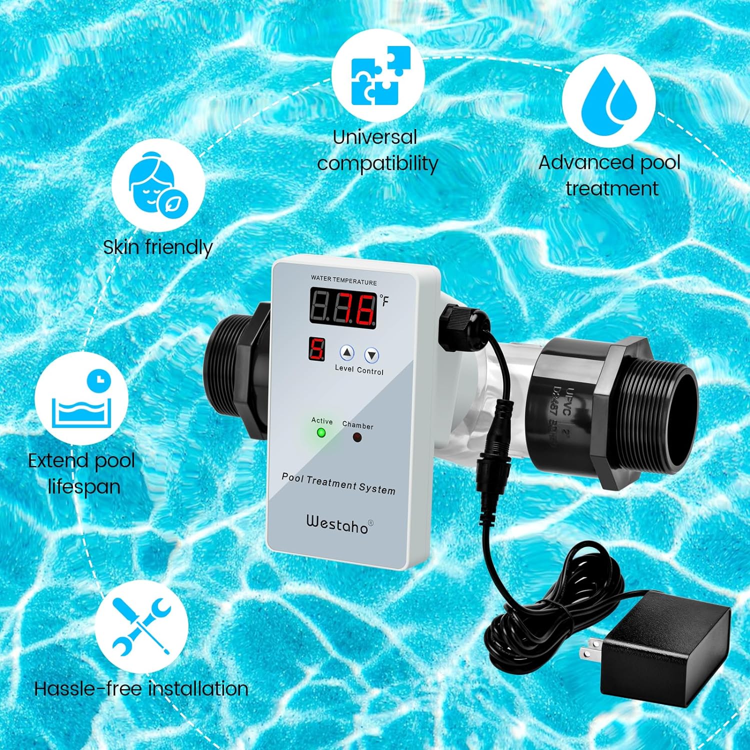 Pool Ionizer System, Westaho Pool Treatment System,Release Cu Ag, 2 Years Warranty, for In-Ground, Above-Ground Pool, Hot tub, Spa or Aquarium